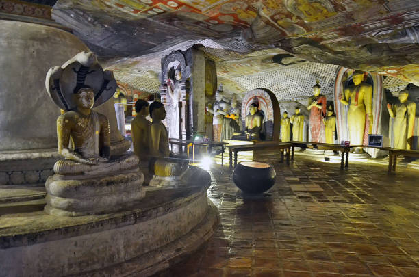 Dambulla, Sri Lanka - April 2, 2018: Inside the Golden Temple of Dambulla, or 